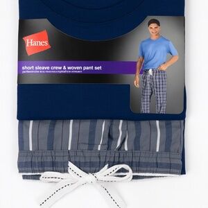 Hanes Men’s Short Sleeve Crew & Woven Pajama Pants Set – Navy/Stripe